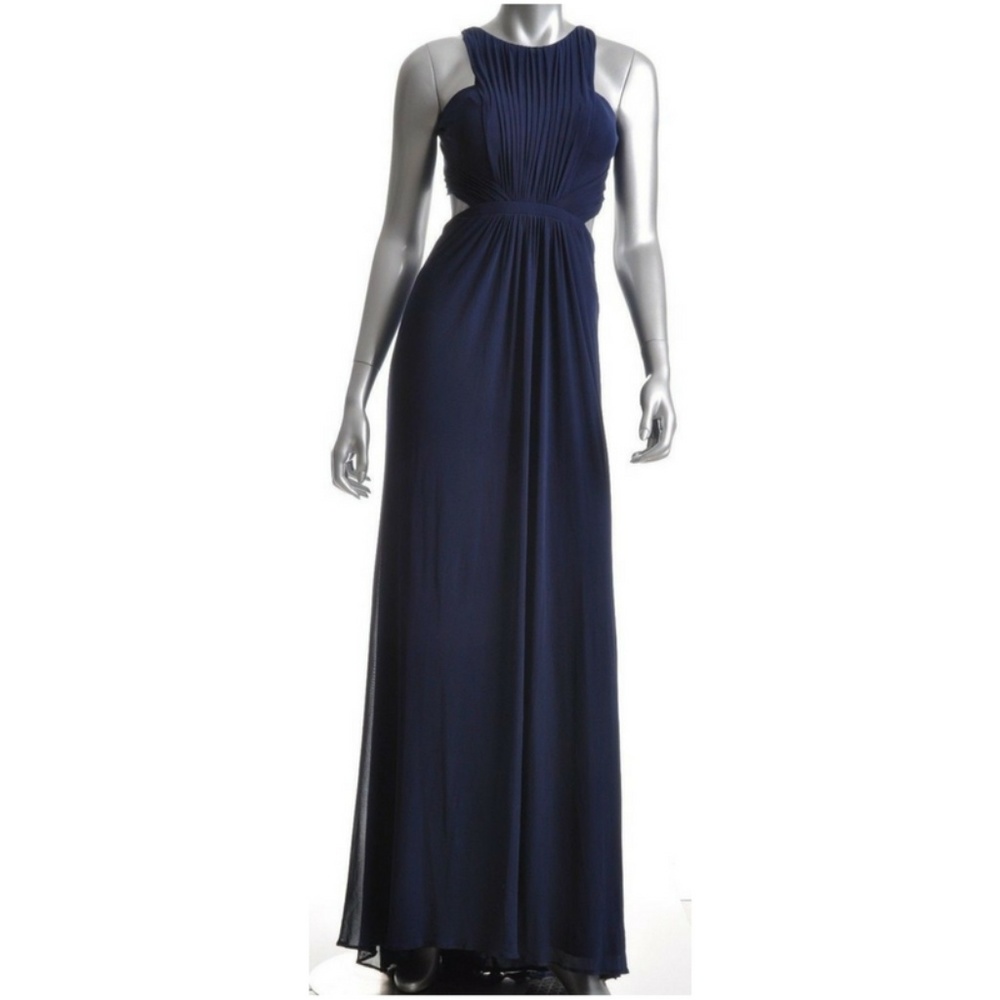NEW La Femme Open And Sides Sheer Neck Navy Dress